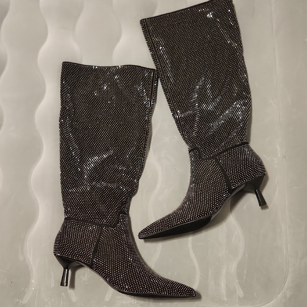 NIB Madden Girl Black/Silver Sparkle Knee High Boot